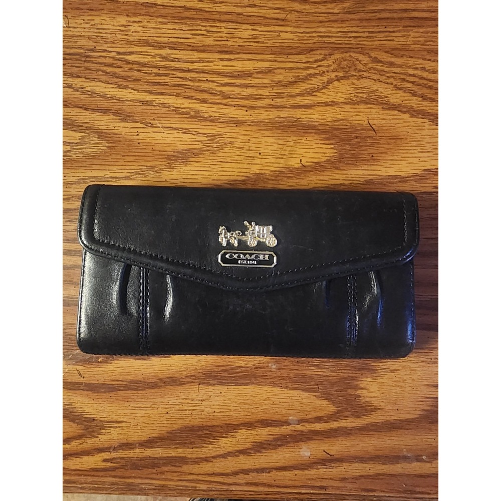 Vintage Coach Madison Black Leather Envelope Trifold Clutch Wallet